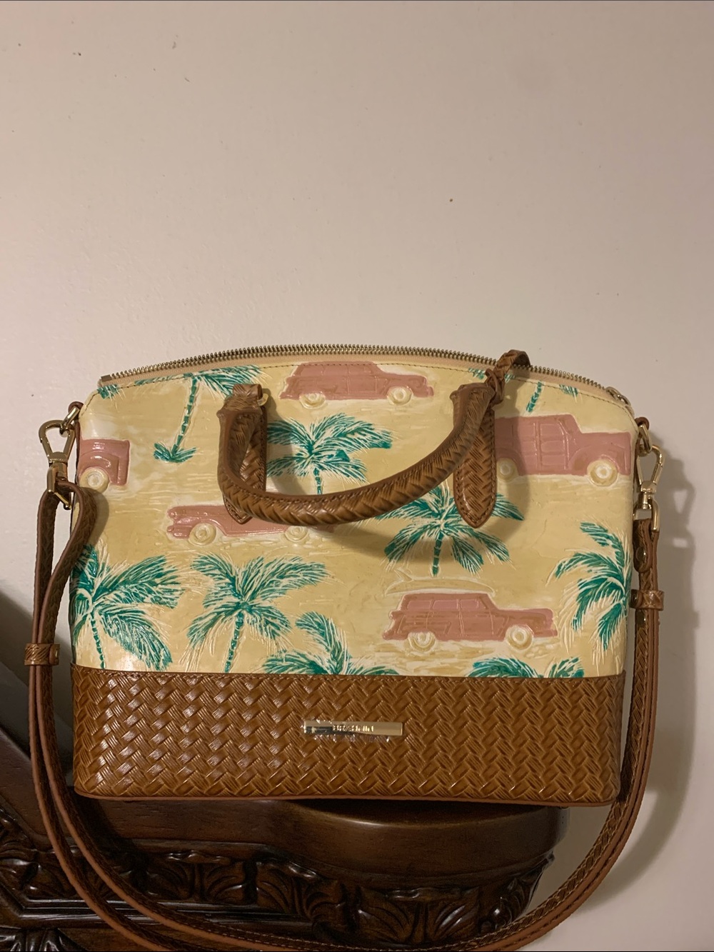 Brahmin Yellow Palm-Print Satchel with Brown Trim
